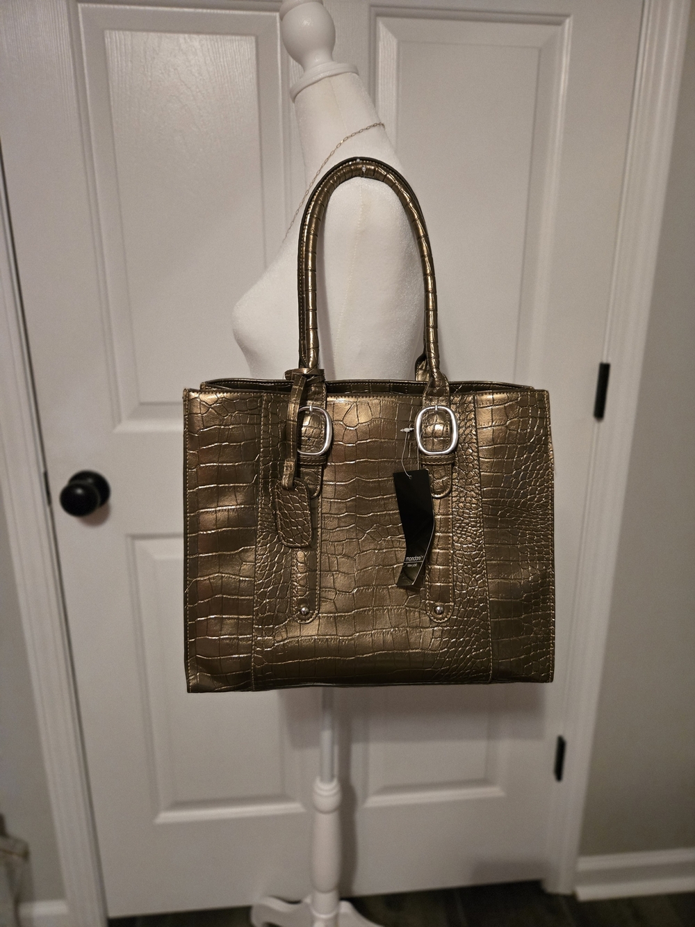 Metallic Croc-Embossed Tote Bag in Gold